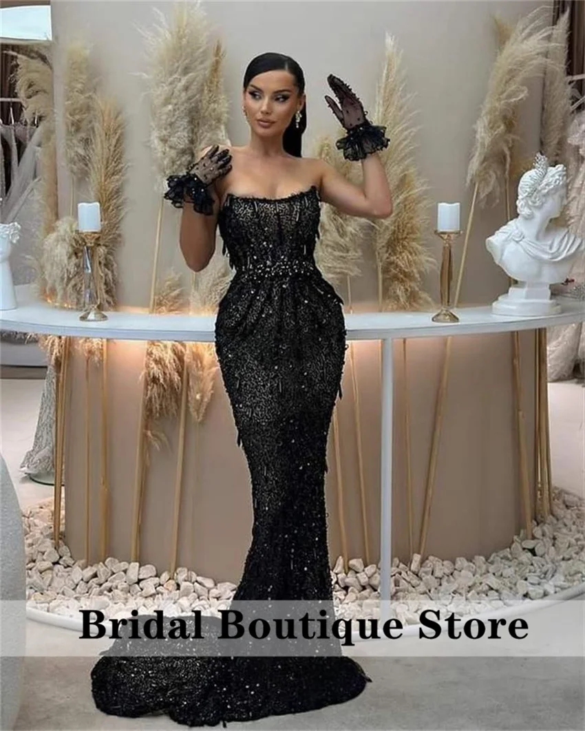 

Luxury Black Evening Dress Robe De Soiree Customized Gloves Beading Diamonds Crystals Wedding Party Gown Formal Prom Gown
