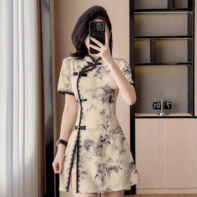 

Китайское платье-ципао с принтом национальных цветов + комплект с шортами, униформа для отеля, спа-салона, работы, салона красоты