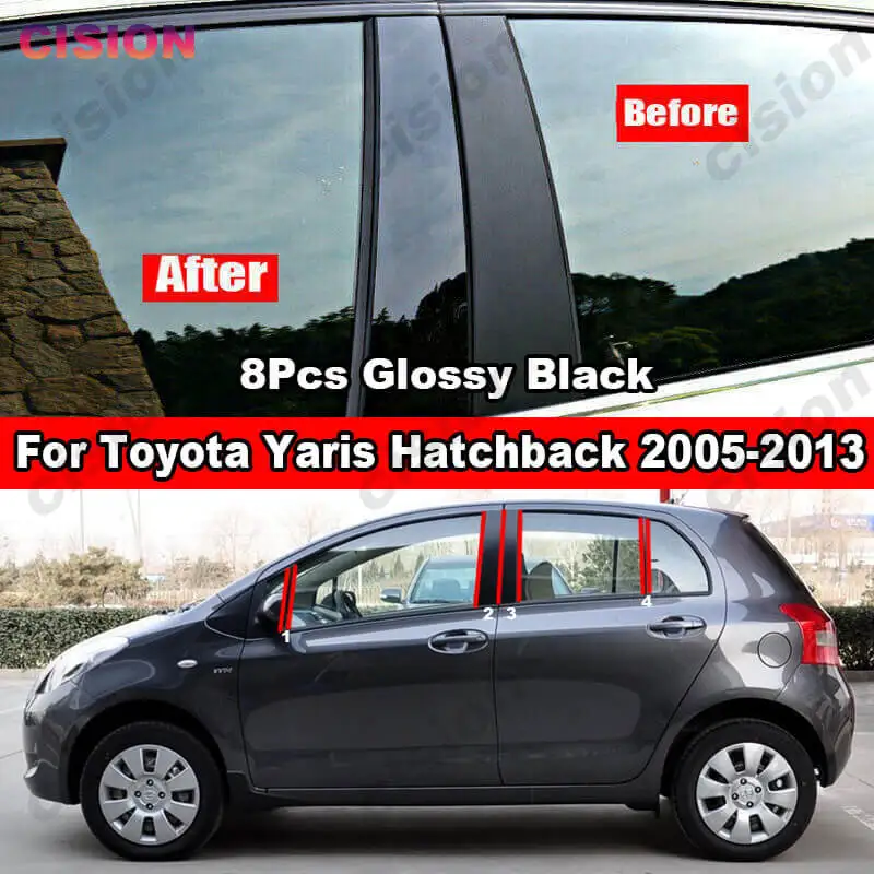 8x Car Window Door Column BC Pillar Post Cover Trim For Toyota Vitz Yaris XP90 Hatchback 2005-2013Carbon Fiber Black PC Sticker