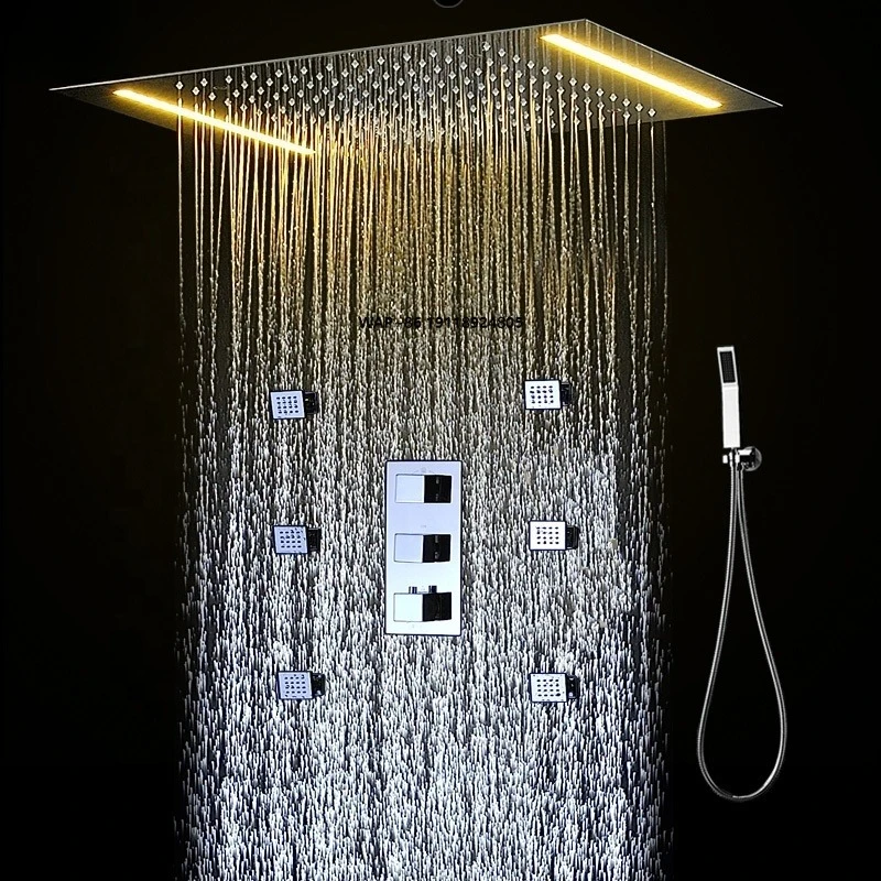 Bathroom 360*500MM Ceiling LED Shower Faucet Set Stainless Steel Rain Shower Head Thermostatic Valve Diverter With Body Jets