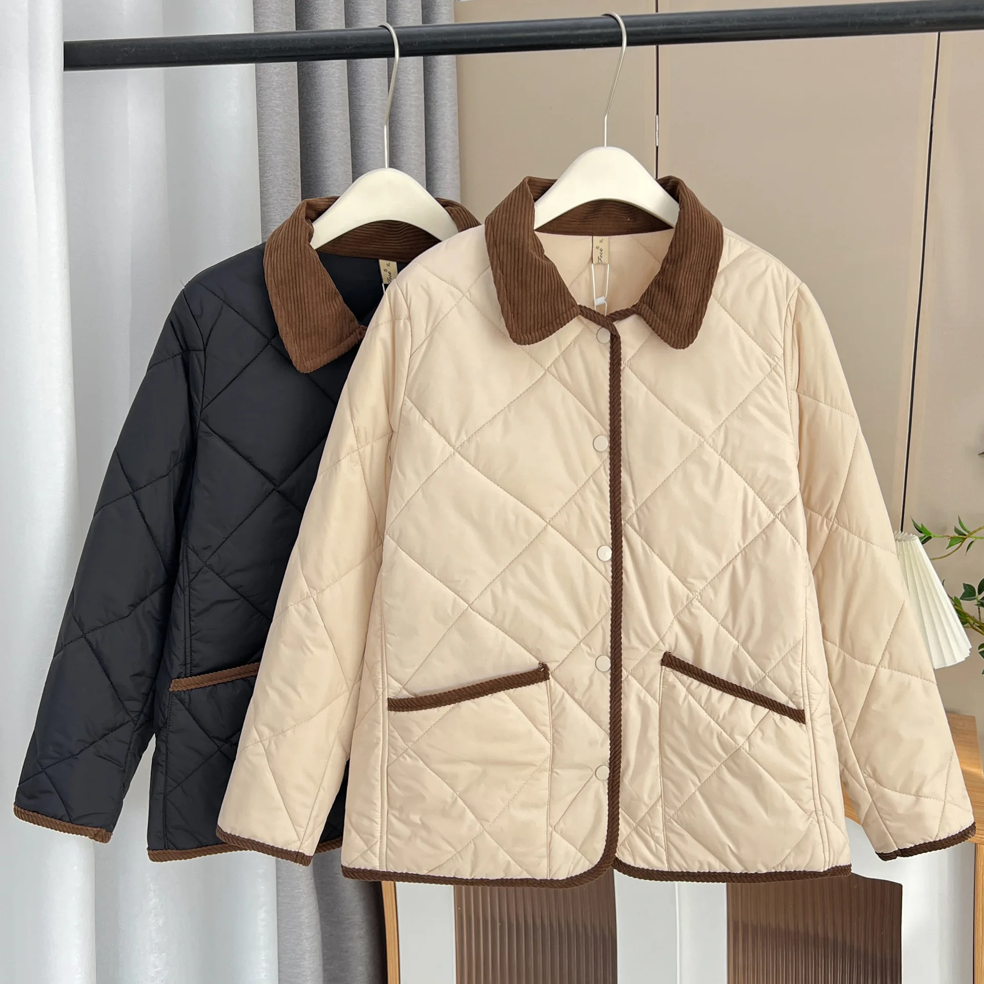 Women's Cotton-Padded Coat, Casual Warm Parka, Simple Contrast Color, Lapel, Thin, Plus Size, Autumn and Winter, 100kg