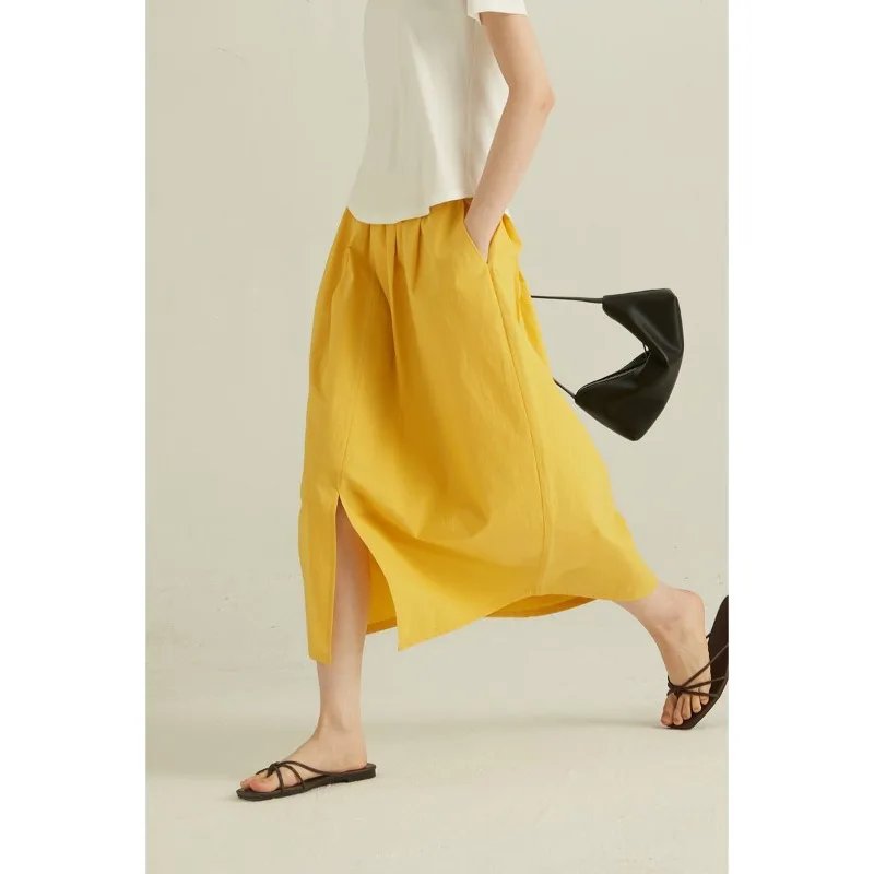 Women's Summer 2024 New Fashion Casual Solid Color Ruched Pockets Split Asymmetrical Imitation Cotton Elastic High Waist Skirt