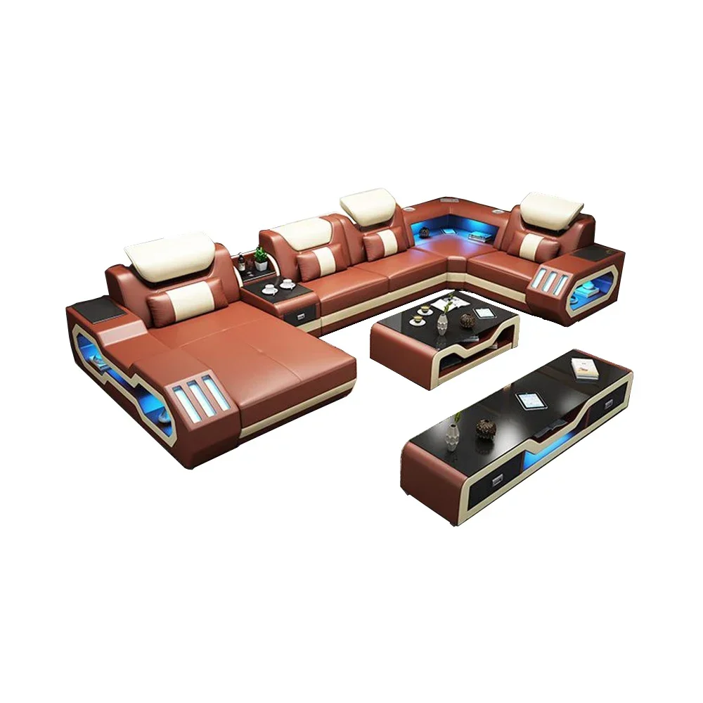 

Luxury Living Room Sofa Italian Genuine Leather Couch with Bluetooth Speaker, USB and LED Light + Coffee Table, TV Stand
