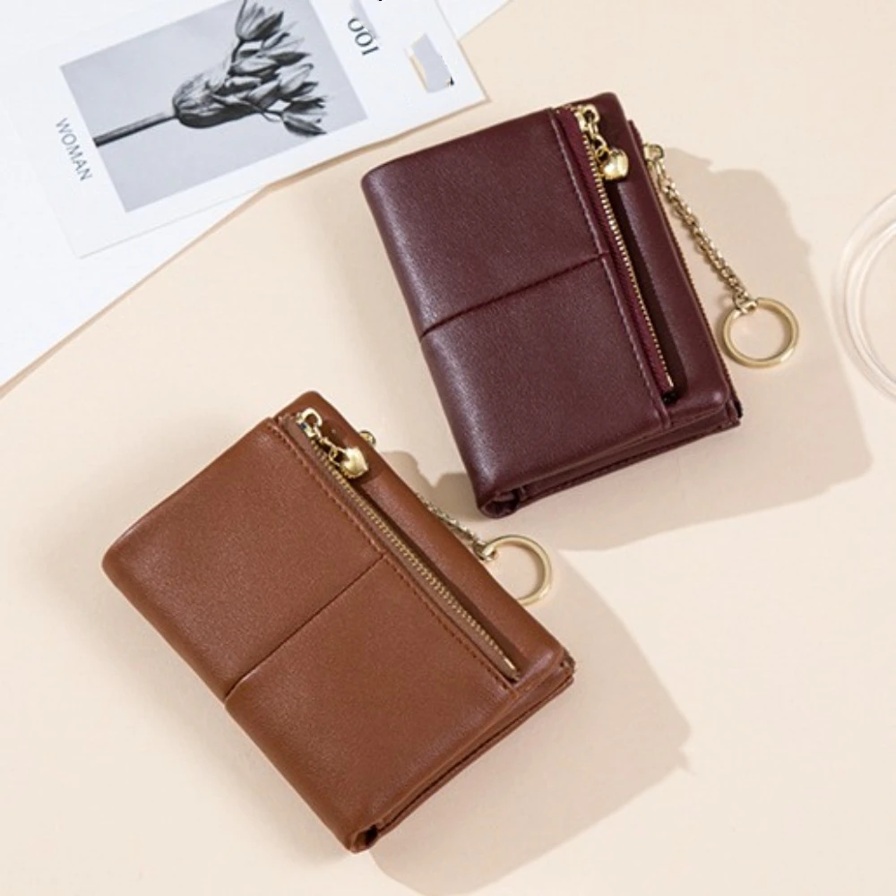 Simple PU Mini Card Bag Zipper Large Capacity Zip Wallet Handbag Solid Color Double Short Clutch Bag Ladies