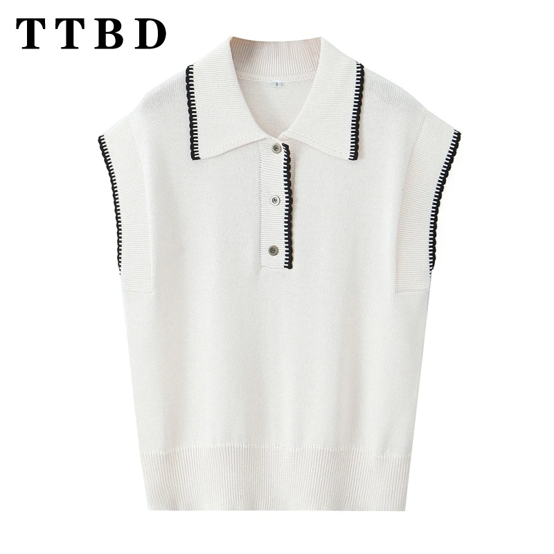 TTBD 2024 New Woman's Knitted Gilet Waistcoat Lady Solid Color Turn-down Collar Sleeveless Top Regular Fit Sweater Vest Striped