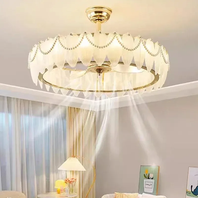 Silent Bedroom Dining Room Oscillating Fan Lamp French Luxury Cream Style Chandelier For Living Room Showroom Ceiling Fans light