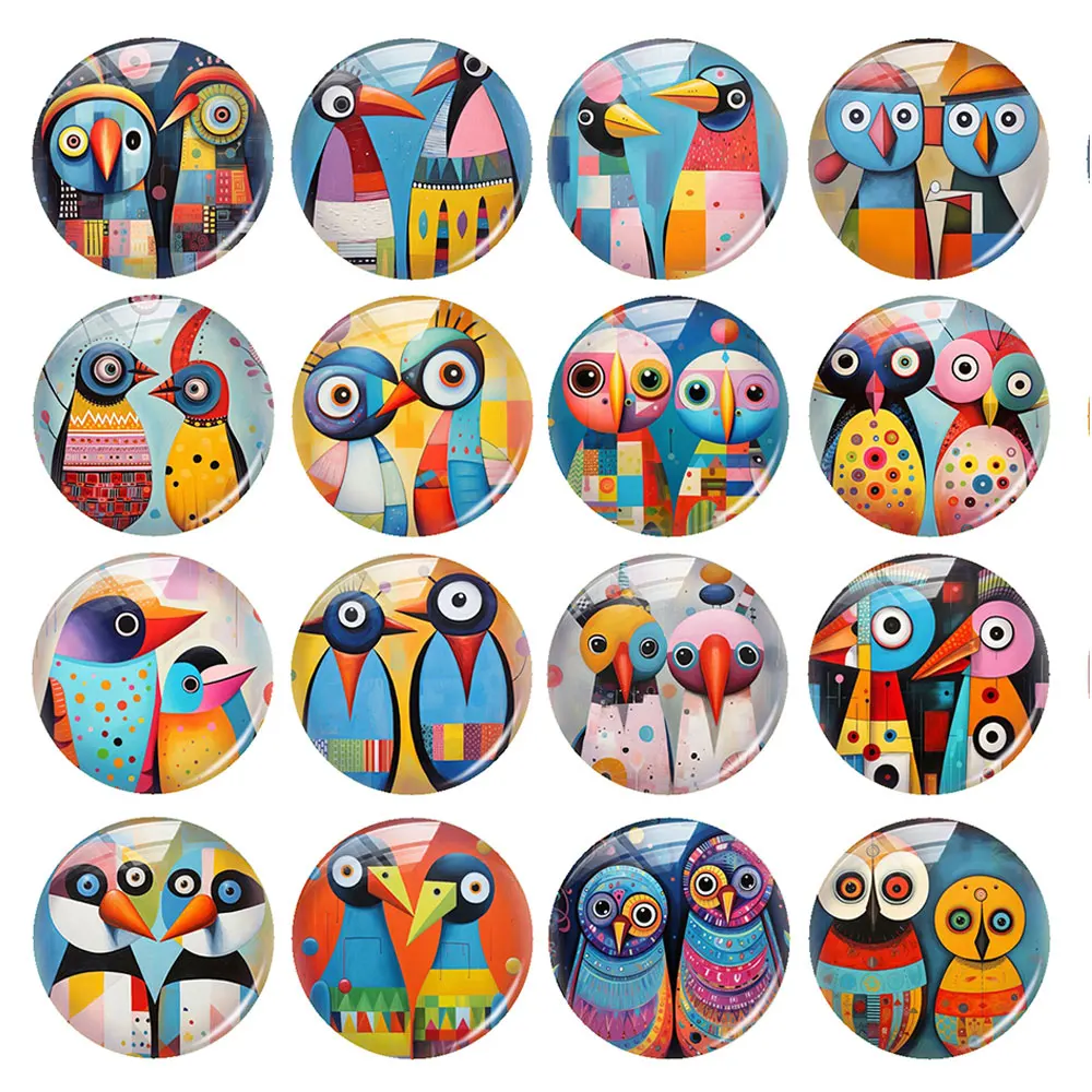 Random Mixed Round/Oval/Square Couple Birds Geometry Painting Photo Glass Cabochon Flatback Demo Cameo For Diy Jewelry Making