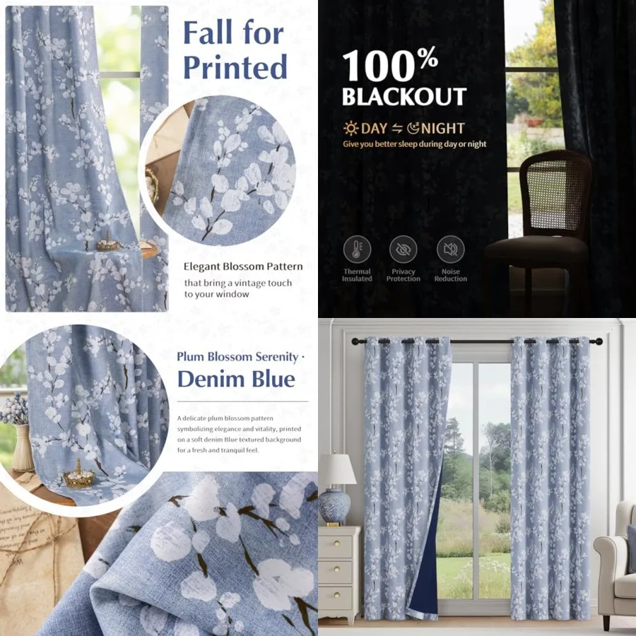 

100 Blackout Floral Curtains for Bedroom, Blue Curtains 84 Inch Long Blossom Flower Patterned for Living Room, Thermal Insulate