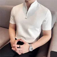 Camisetas con cuello levantado para hombre, jersey de media cremallera a la moda, camisetas informales ajustadas de manga corta de Color sólido para hombre