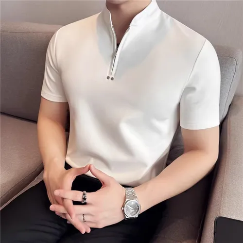 Camisetas con cuello levantado para hombre, jersey de media cremallera a la moda, camisetas informales ajustadas de manga corta de Color sólido para hombre