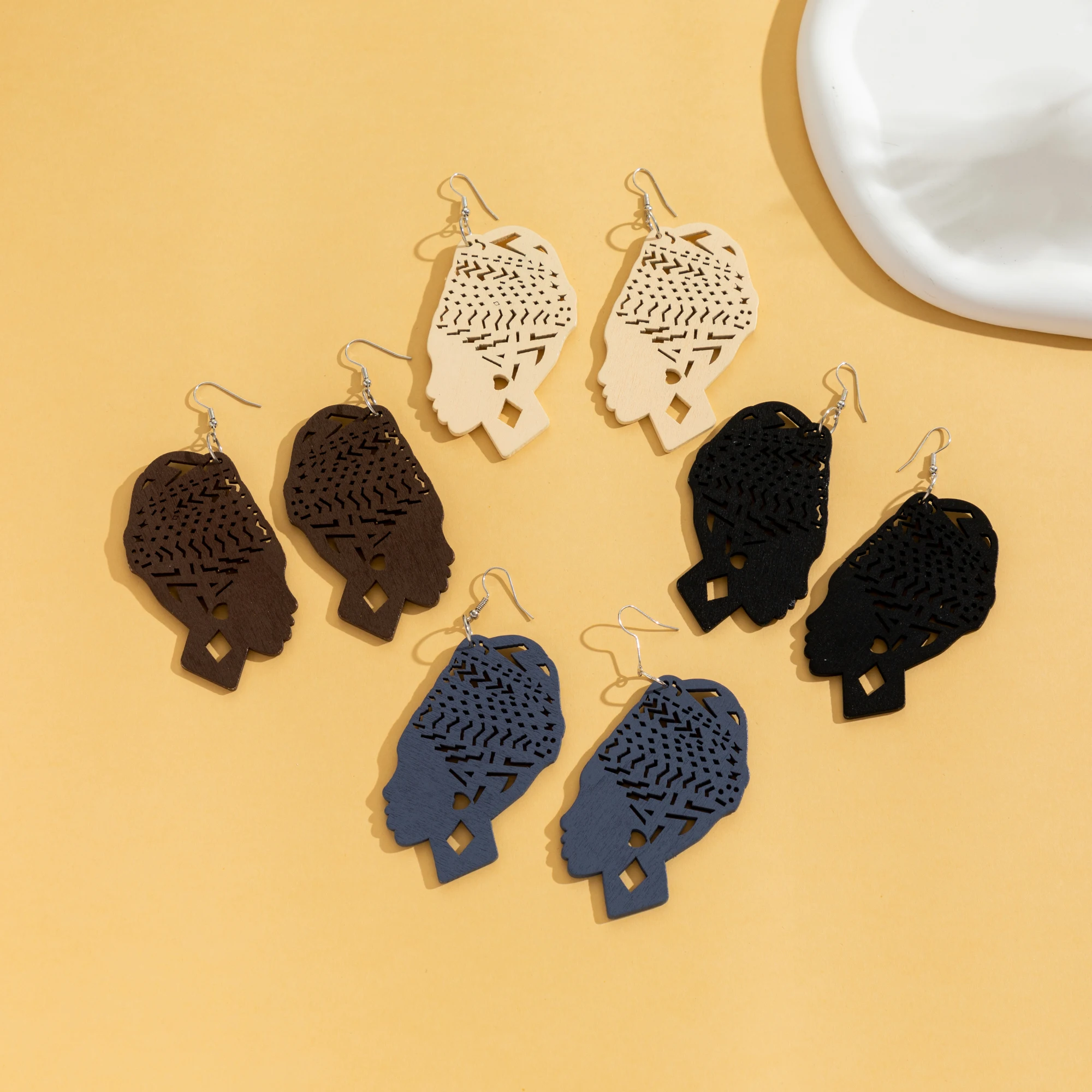 1 pair of wooden head earrings multi-color head earrings ethnic abstract earrings