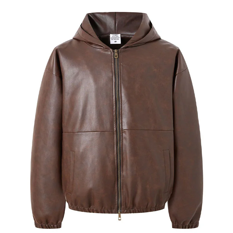 

Autumn and Winter Heavyweight Men PU Leather Jackets 370G Vintage Cotton Padded Hooded Zipper Coat