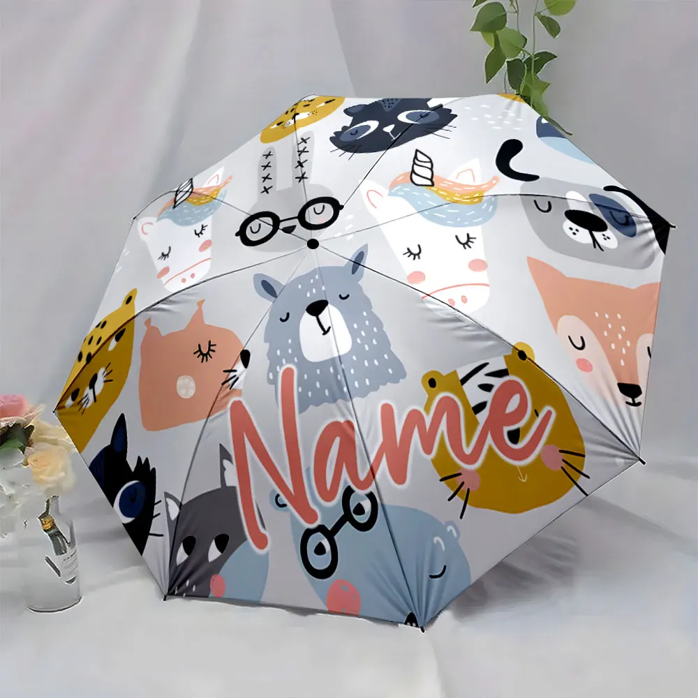 Custom Name Umbrella Colorful Animal Faces on Cartoon Umbrella Print 8 Iron Ribs Folding Umbrella Auto-Open Fashion Sunshade