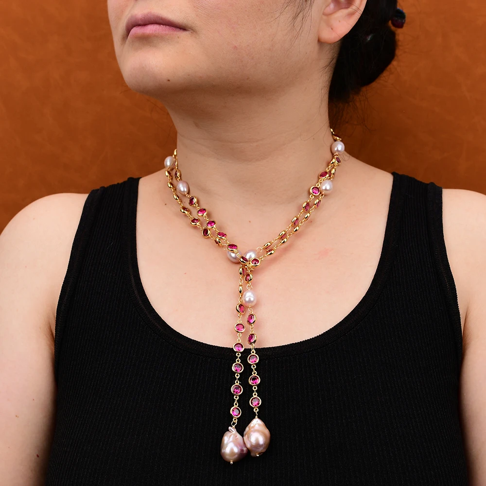 GG 49'' Freshwater Cultured Purple Keshi Pearl Red Fuchsia Color CZ Zircon Pave Chain Long Necklace Sweater chain Pendant