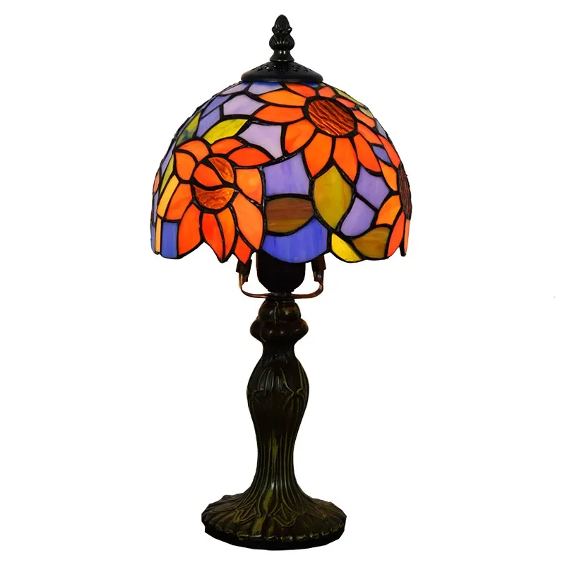 

8 Inch American Pastoral Blue Sun Flower Lighting Tiffany Stained Glass Bar Restaurant Bedroom Bedside Small Table Lamp