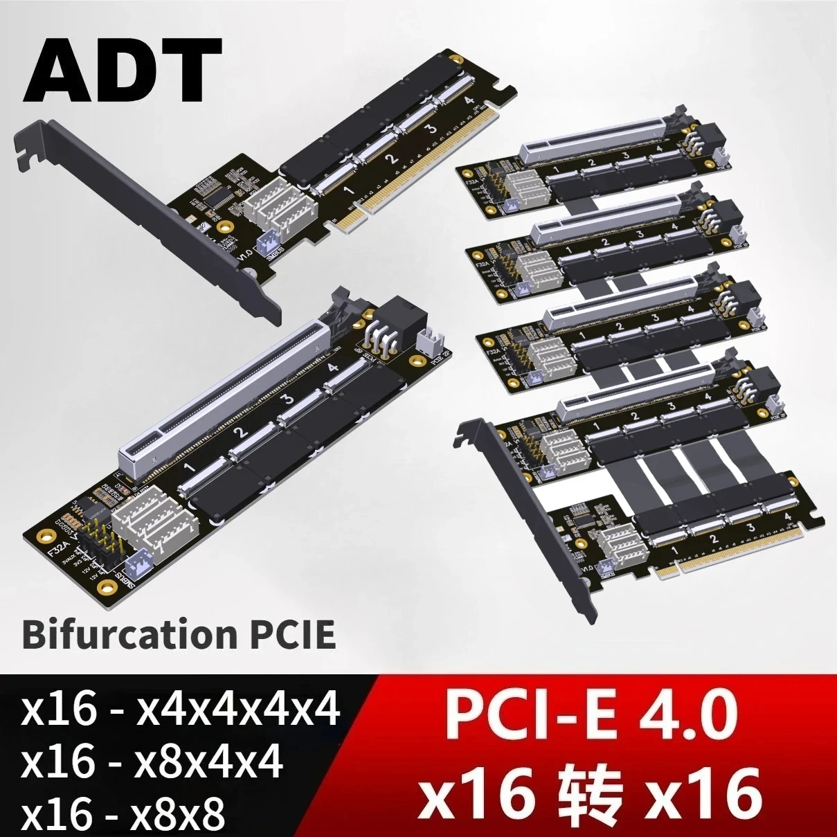 

ADT-Link PCIe 4.0 x16 Удлинительный кабель для видеокарты FFC Поддержка разделенной карты расширения от одного до четыре x4x8 (разделяется с x8x8/x4x4x4x4)