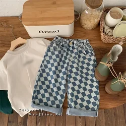 2-7Y Loose Casual Kids Pants Plaid Boys Trousers Denim Children Pants Casual Boys Jeans Fashion Kids Full Length Pants