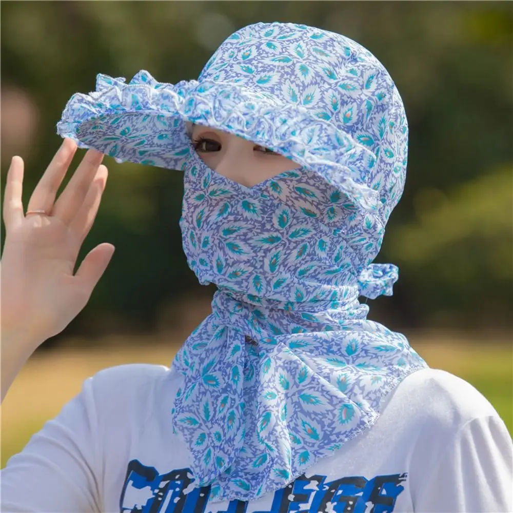 Casual Printing Tea Picking Hat UV Protection Face Mask Sunshade Shawl Cap Sun Protection Wide Brim Neck Protection Hat Outdoor