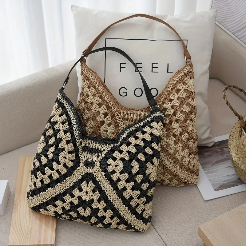 

Fashion Bohemian Large Capacity Tote Crochet Straw Bag, Color Blocking Woven Shoulder Handbag Purse for Women Daily Beach Outing