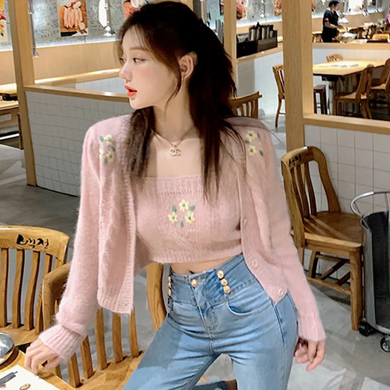 

Женские комплекты, элегантный милый ленивый камзол, укороченная куртка с цветочным принтом, корейский стиль, друзья, комплект из 2 предметов, стильная одежда для отдыха, каваи, винтаж