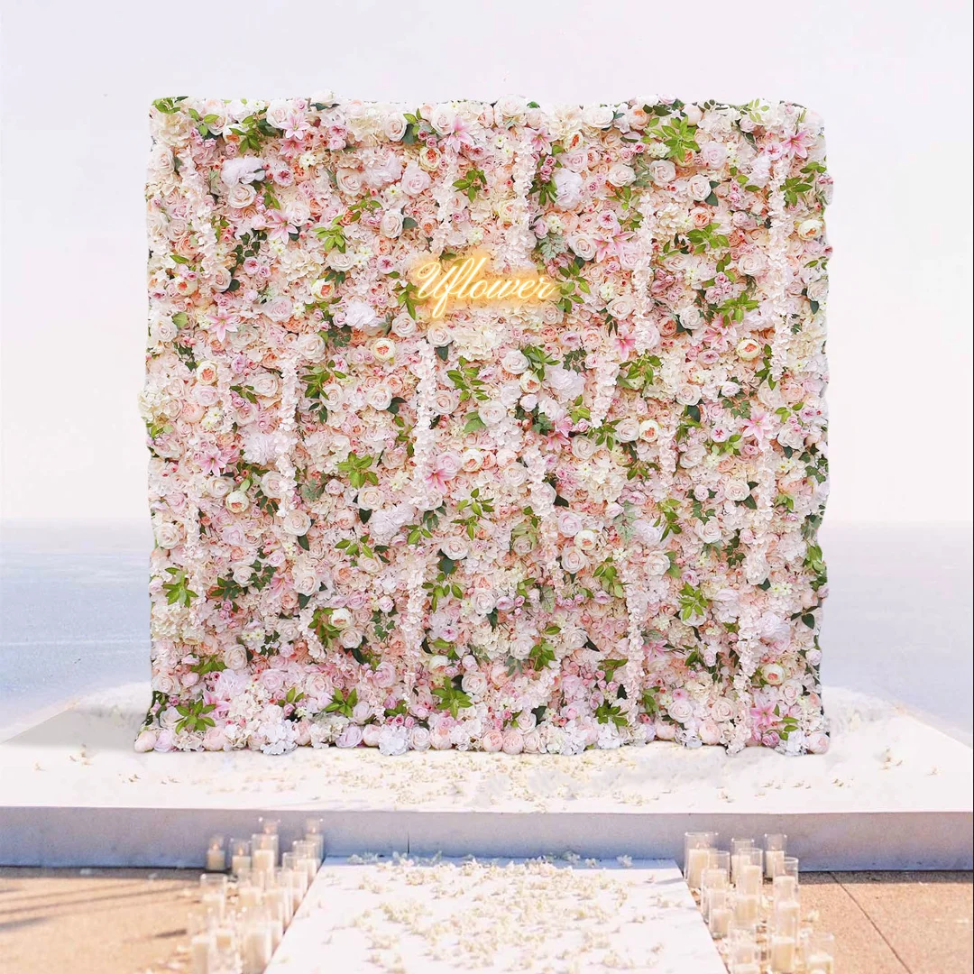 Wedding Green Pink Rose 5D Artificial Flower Wall Row Flower Arch Backdrop Fake Floral Event Party Prop Floral Arrangement Decor