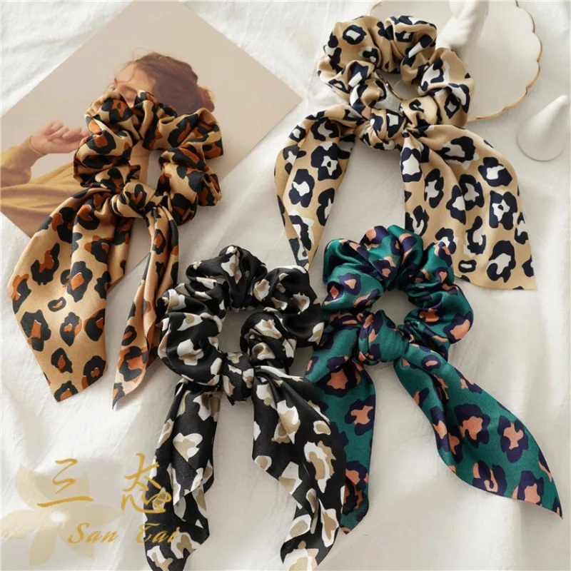 Leopard Print Scrunchies Stain Bowknot Hair Ties Ropes Women Girls Ponytail Holder Elastic Rubber Bands Hair Styling Accessories