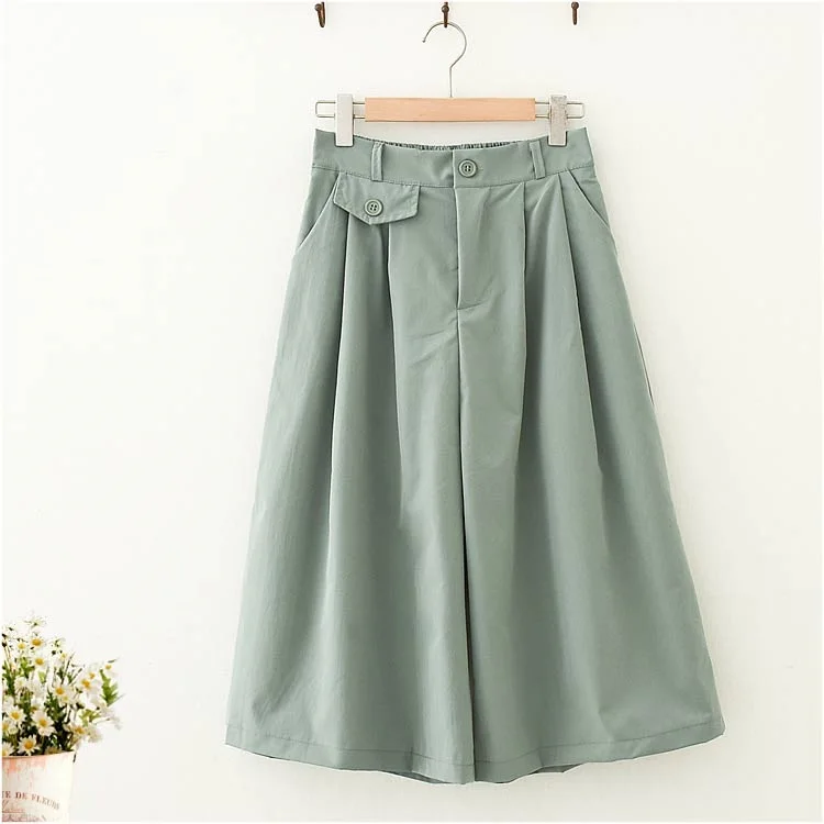 

Wide Leg Capris Big Pocket Women Loose Pant Button Elastic High Wais Tbig Pants Skirts Knee Length Casual Female Capri Pants