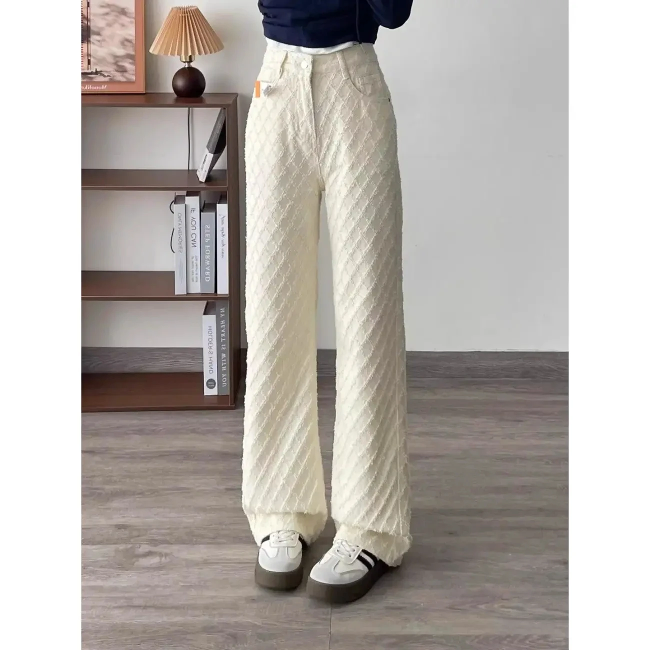 Jacquard Loose Wide-leg Pants New Style Straight-leg High-waist Design Slimming Apricot Denim Pants Floor-length Casual Hiding F