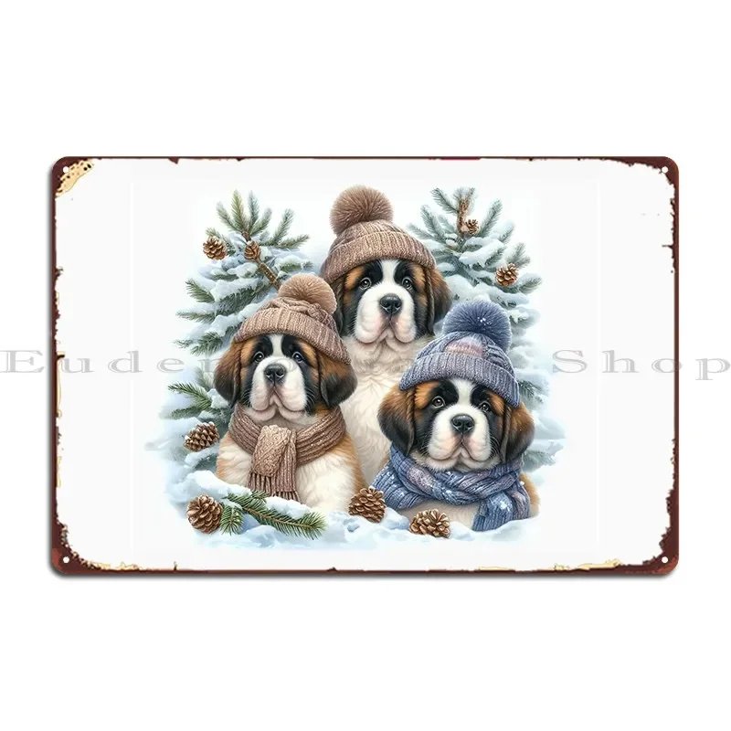 Cute Saint Bernard Puppies In Winter Hats And Scarves Metal Plaque Poster Vintage Cave Vintage Garage Customized Tin Sign Poster