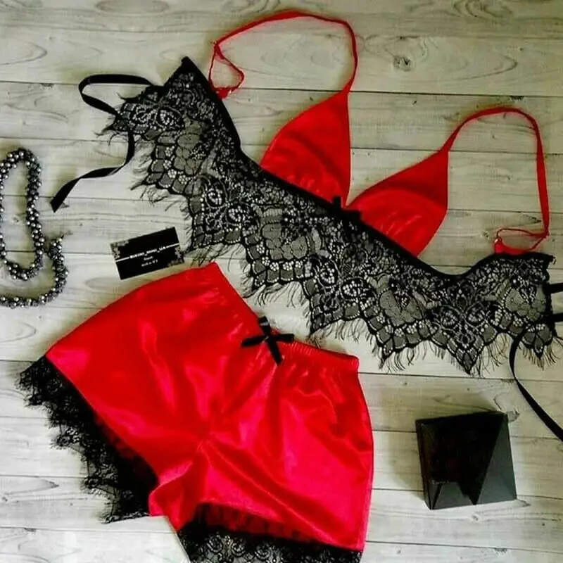 Sexy V-Neck Sleeveless Nightwear Women Pajama Sets Sexy Lingerie Underwear Silk Satin Pajamas Crop Tops Bra+Shorts Sets