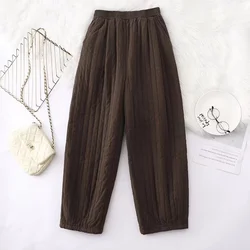 2024 New Winter Cotton Linen Quilted Casual Trousers Elastic Waist Thick Warm Bloomers Cotton-Padded Harem Pants for Women