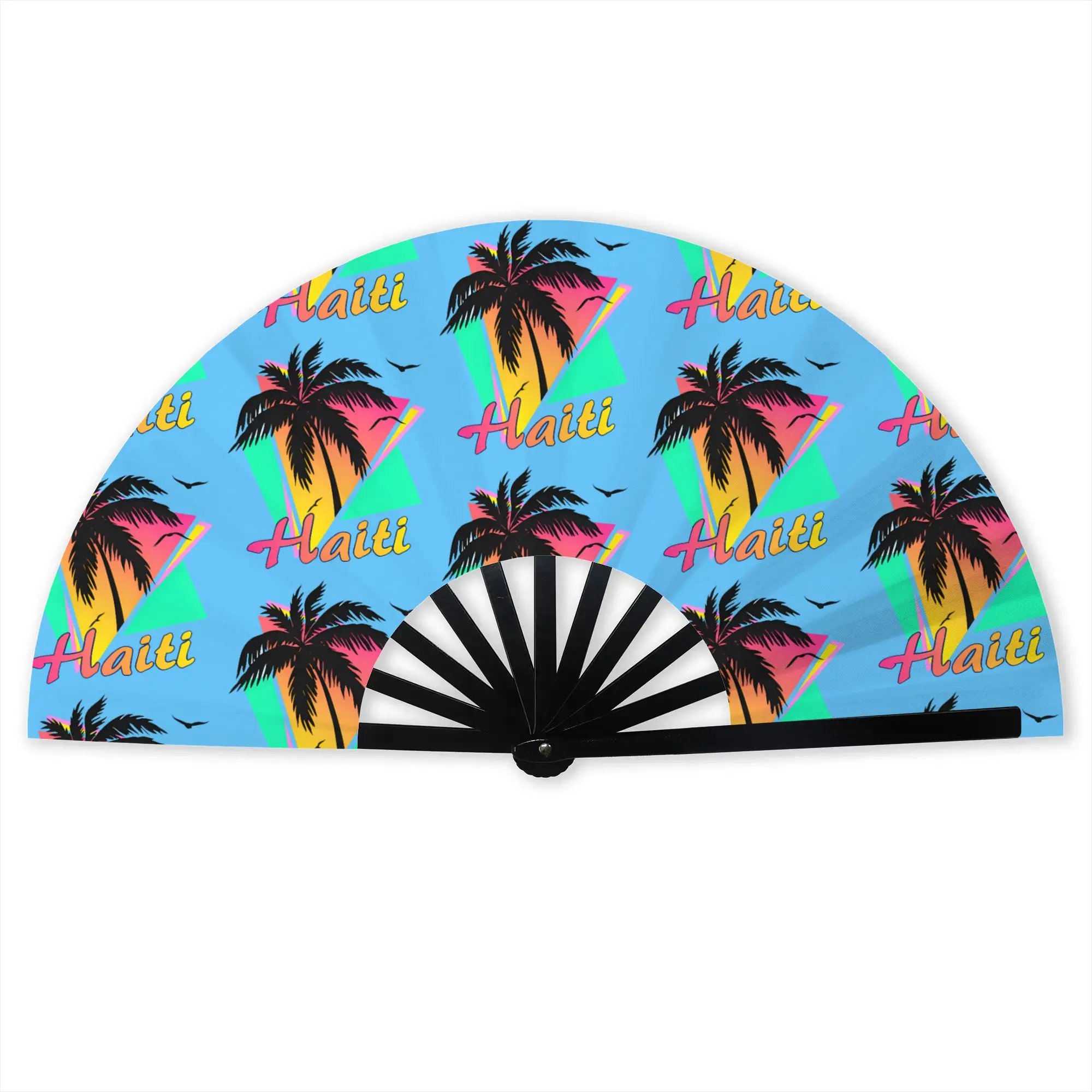 Customized The National Emblem of Haiti Portable Pocket Fan Outdoor  Polyester Folding Fan Chinese Dance Handheld Cooling Fans