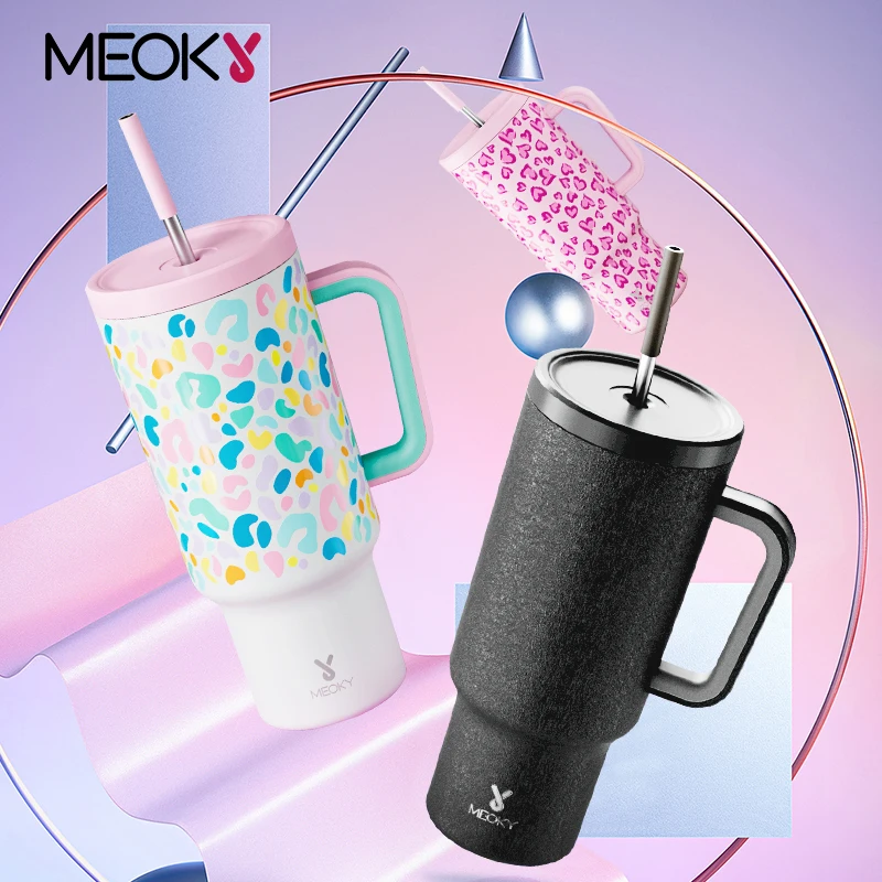 

Meoky 40oz Tumbler Big Handle Straw Stainless Steel Car Mug Multicolor Prints Coffee Cup Non-Slip Vacuum Insulated Water Bottle