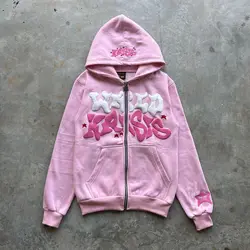 Harajuku pink letter foam hoodie 2024 European and American classic loose casual men and women y2k clothes zip up hoodie