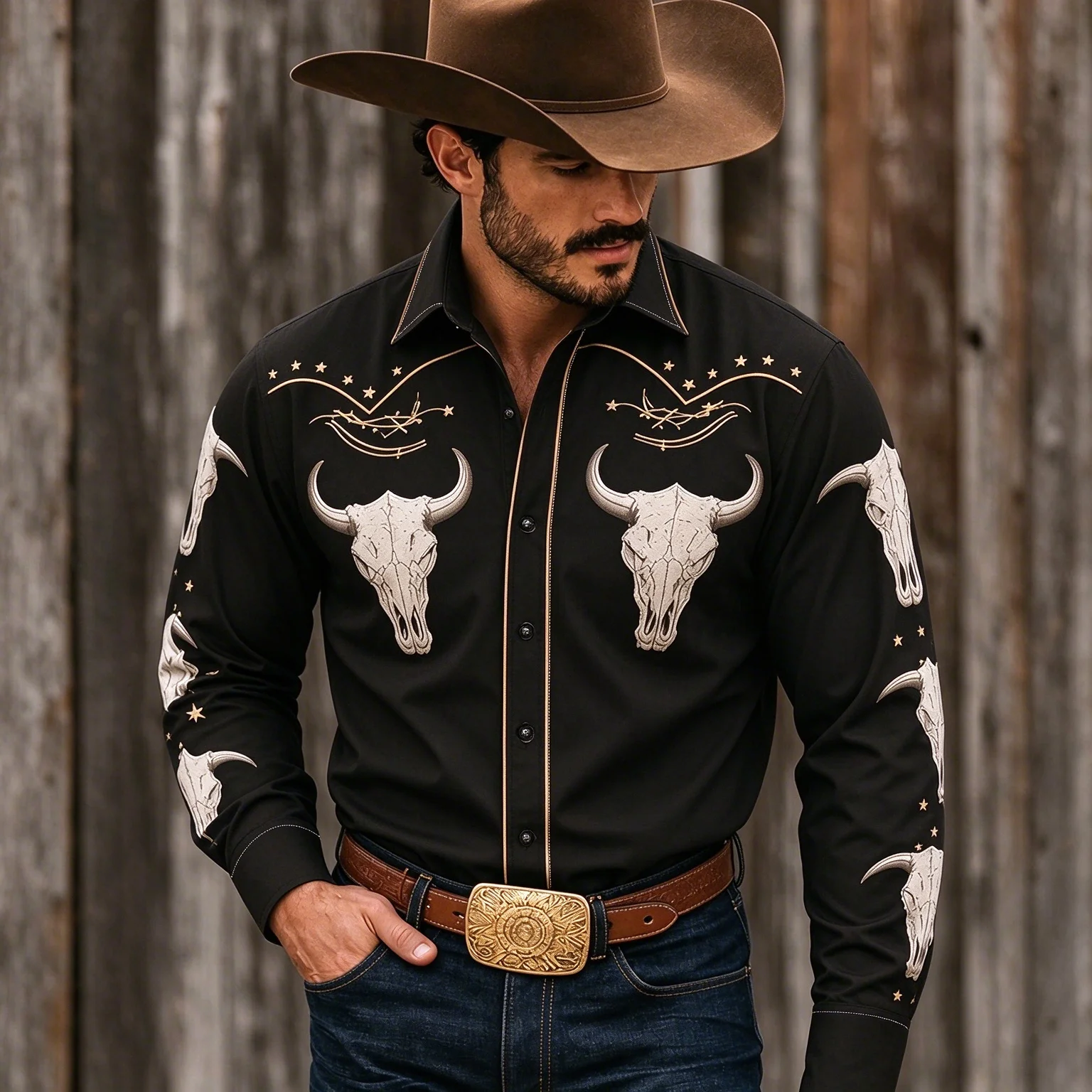 Men's Western Cowboy Style Long Sleeve Shirt, Vintage Bull Skull Star Print Dress Shirt, Outdoor Casual Tops