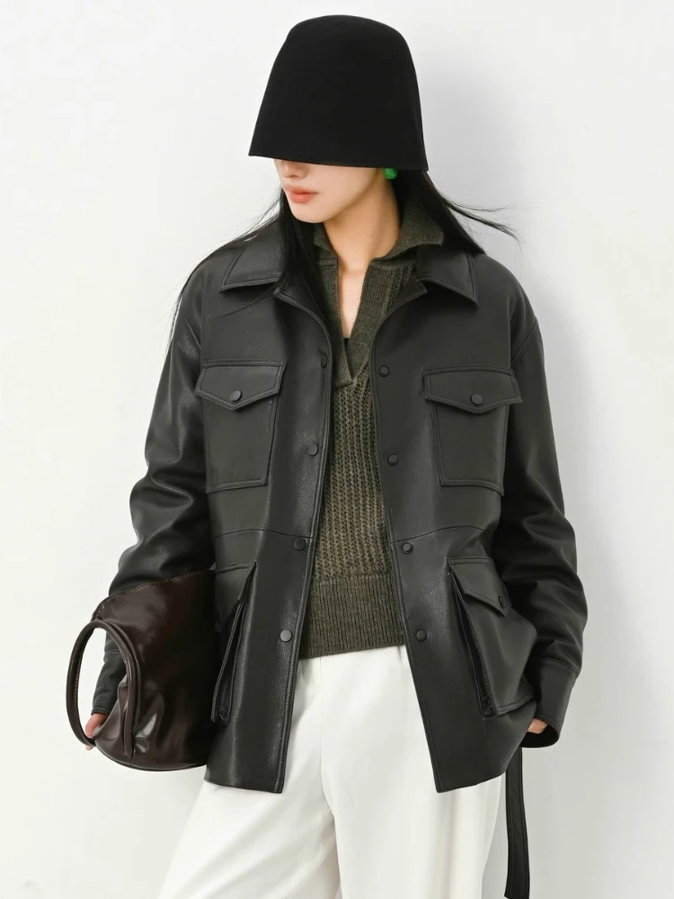 여성용 정품 가죽 다운 재킷 가을 겨울 고급 심플 소프트 블랙 리얼 양털 화이트 구스 다운 코트 (벨트 포함)