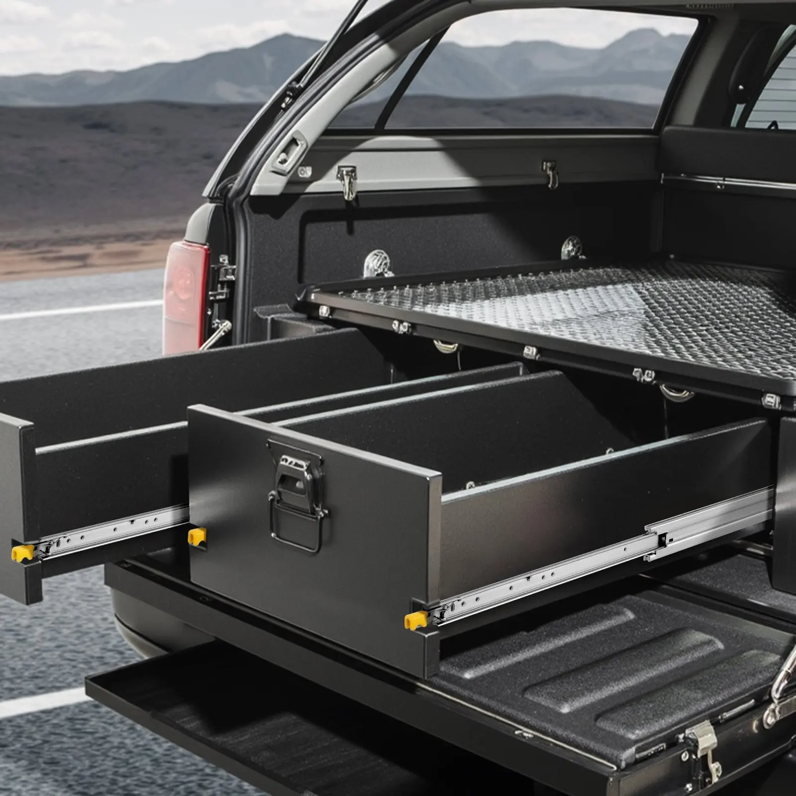 Glissières de tiroir à verrouillage robustes, extension complète de 950 mm, capacité de charge de 113 kg, rails télescopiques à trois sections à montage latéral avec roulement à billes, glissières à blocage pour VR, camping-car, remorque de camping, camion utilitaire, atelier et boîte à outils métallique, 1 paire