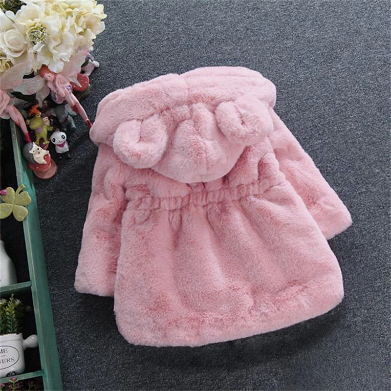 Winter Cute Hairy Girl\'s Coat Baby Girl Solid Color Bear Ears Hooded Waist Zipper Warm Versatile Coat