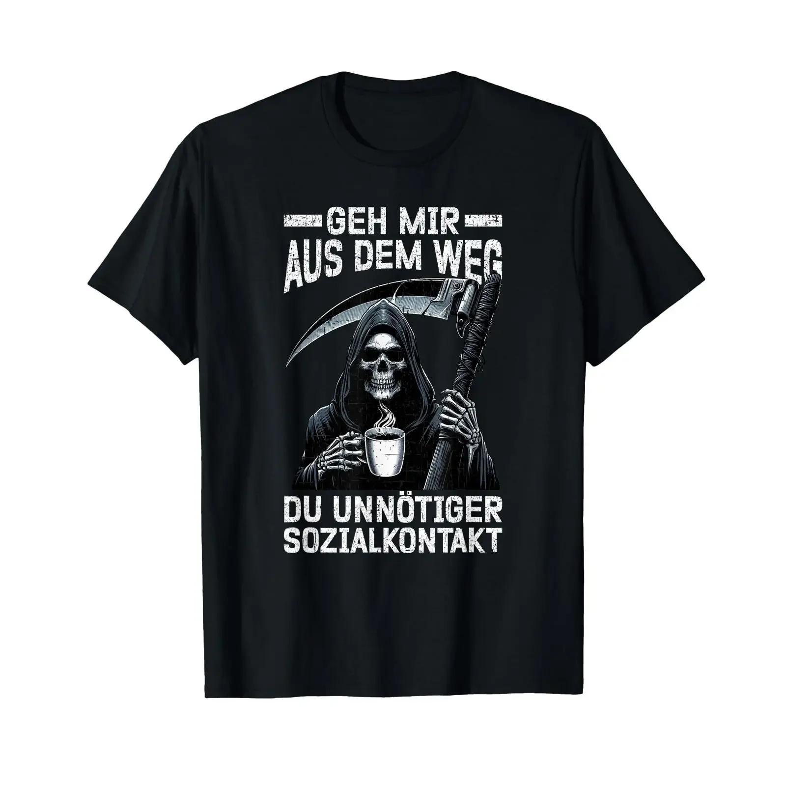 Funny German Quote Grim Reaper Coffee Unnecessary Social Contact Sarcastic Introvert T Shirt vintage Washed