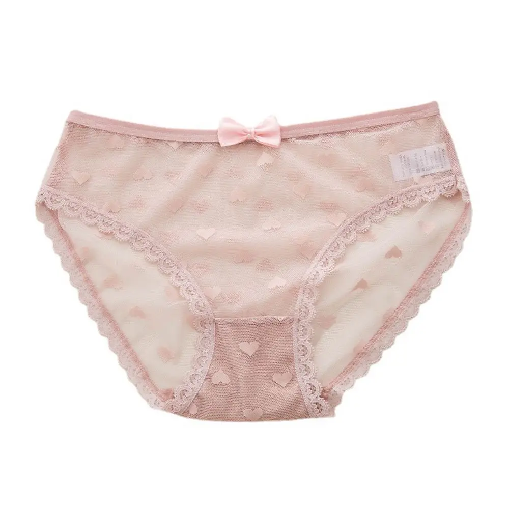 

Breathable Sweet Cotton Crotch Mid Waist Mesh Peach Hip Heart Women Intimates Lace Printed Briefs Bow Panties