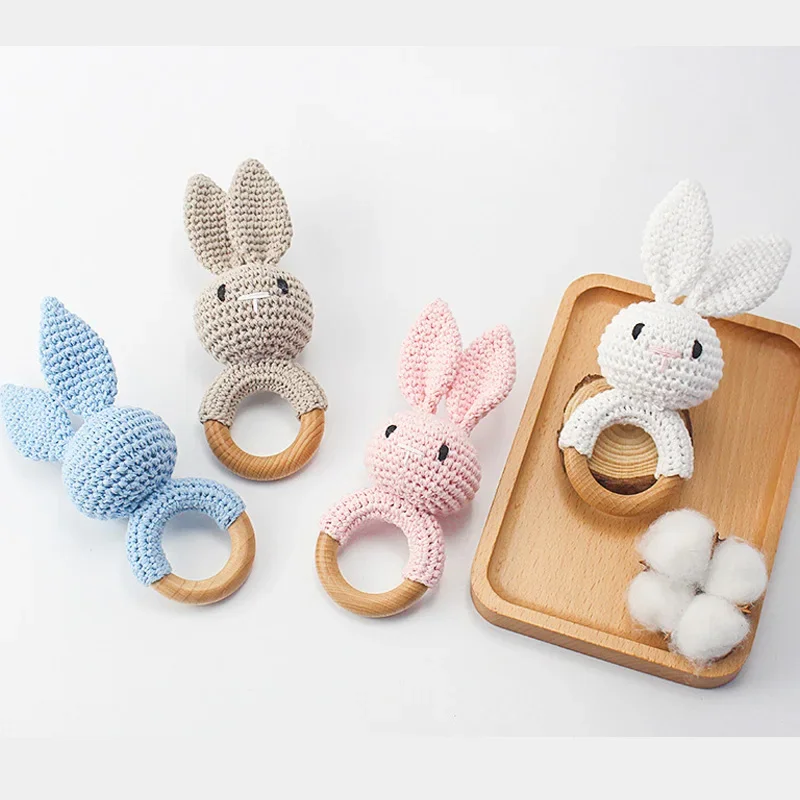 1pc Baby Teether Music Rattles for Kids Animal Crochet Rattle Elephant Giraffe Ring Wooden Babies Gym Montessori Children's Toys