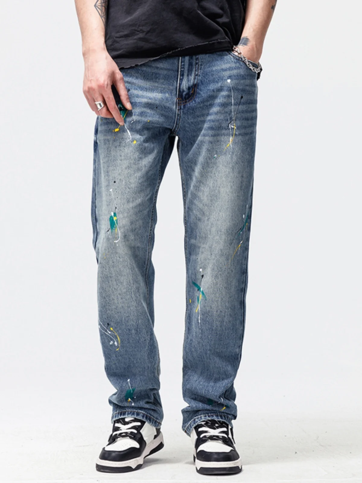 

Trendy American Paint Dot Men's Loose Straight Leg Jeans High Street Versatile Spring Autumn Long Pants Casual Wear