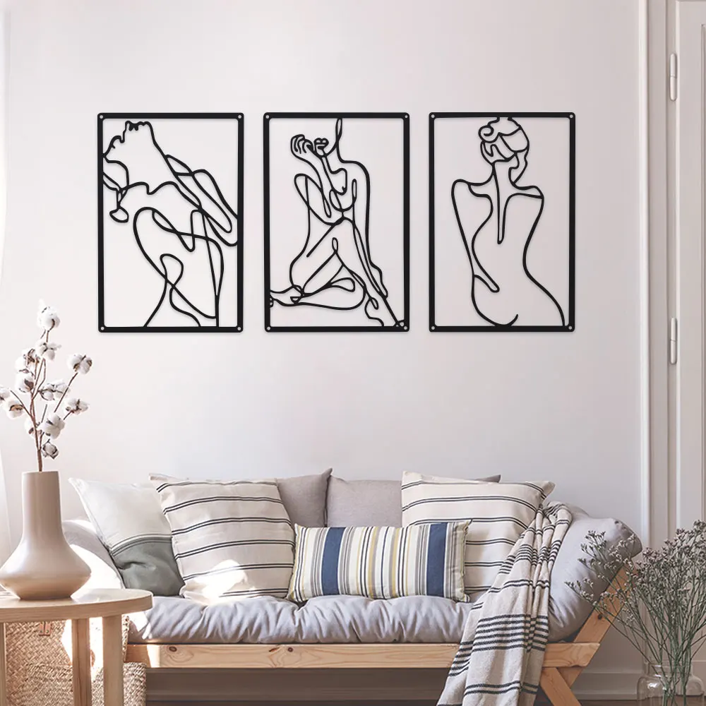 2D 1pc minimalist art that Suitable for home decoration Three flowing feminine silhouettes in continuous black metal lines