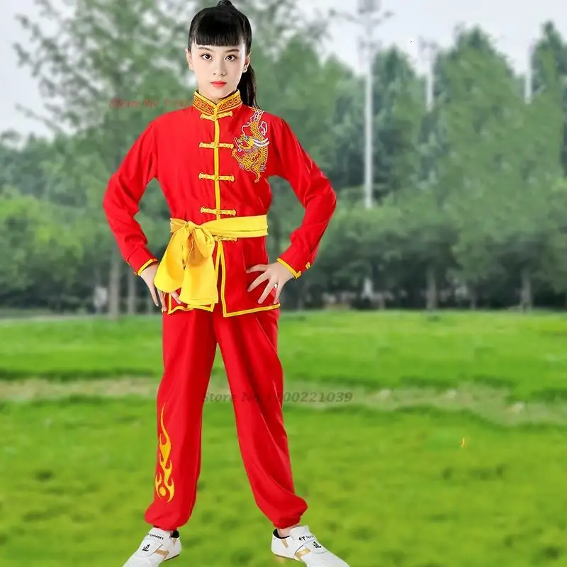 2024 chinesische Kinder traditionelle Kung Fu Uniform Wushu Kostüm Anzug Set Drachen Stickerei Performance Bühne Outfit Kampfanzug