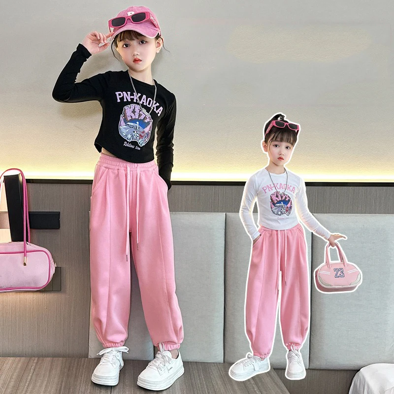 Fashion Spring Summer Girl Clothes Sets Kids Sports Cartoon Print T Shirt +Jogging Pants 2Pcs Suits Teenage Tracksuit Outfits