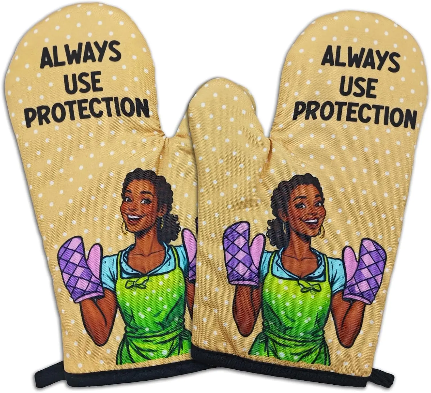 2 Pcs Funny Housewife Oven Mitts Always Use Protection Non-Slip Heat Resistant Baking Mitts with Hanging Loop Sweet