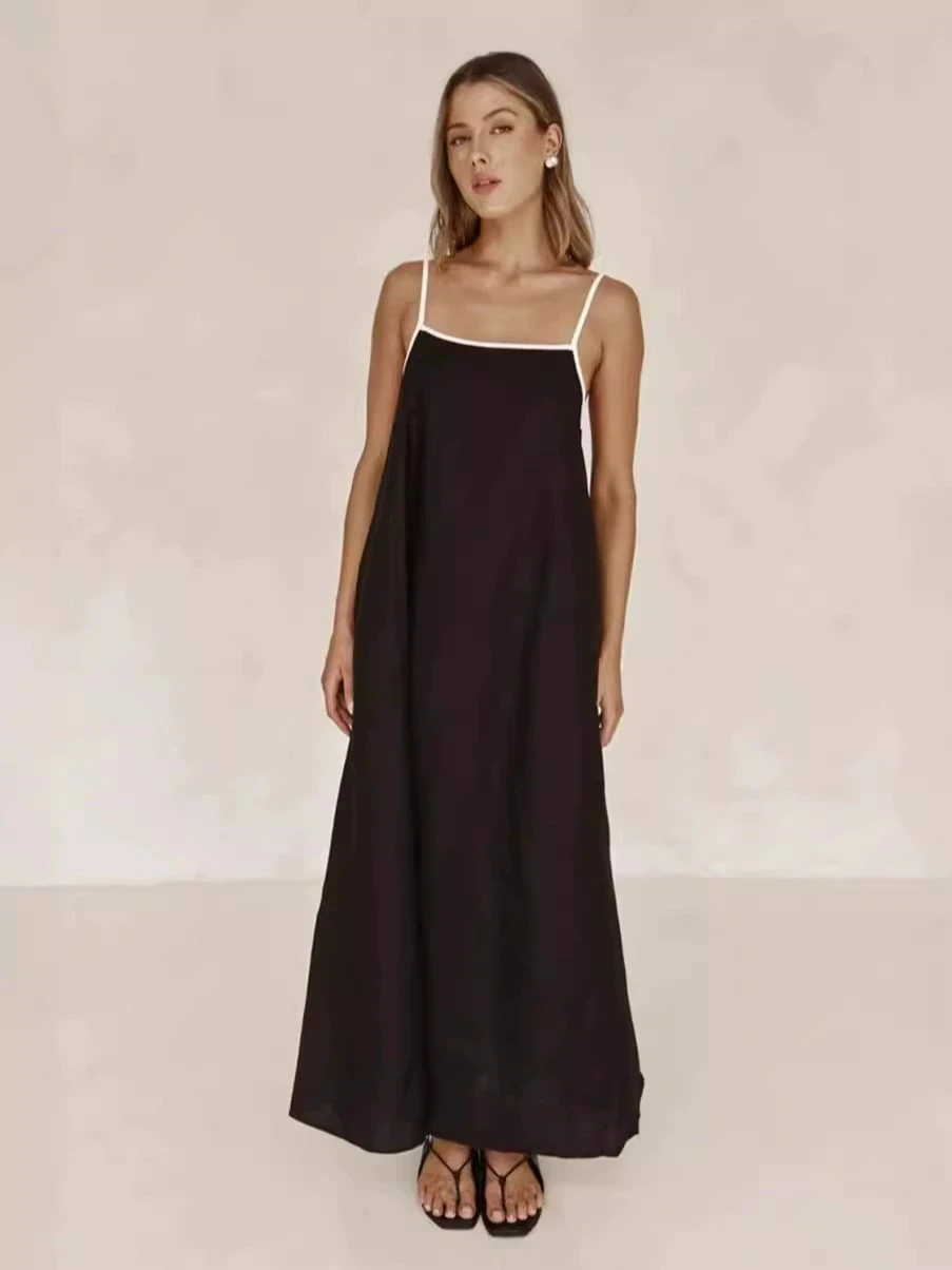 

Fashion Contrast Color Loose Spaghetti Strap Long Dresses Women Spring Summer Elegant Simple Maxi Dress Female Chic Vestidos