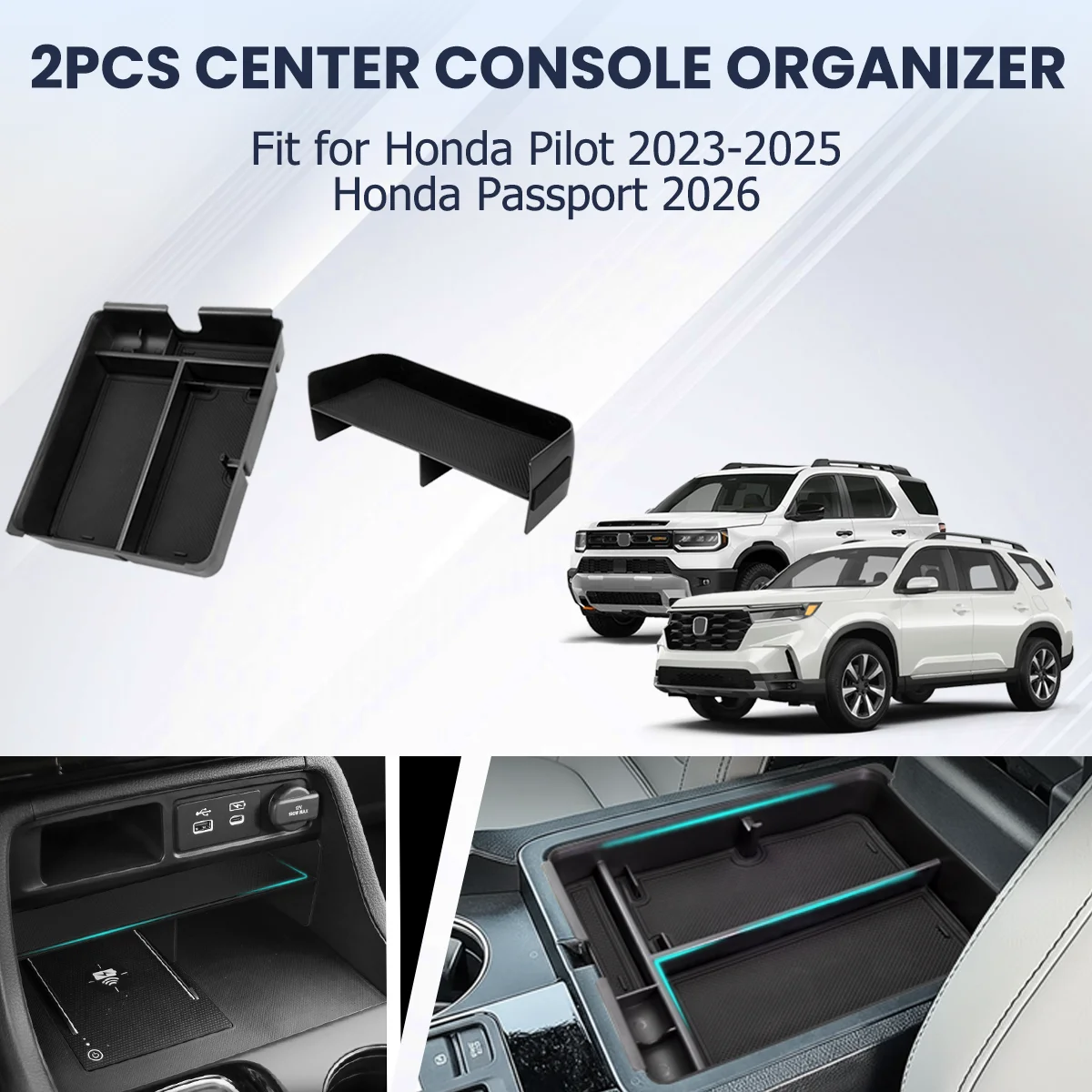 

2x Center Console Organizer For 2023 2024 2025 2026 Honda Pilot For 2026 Passport Insert Armrest storage Tray Car Accessories