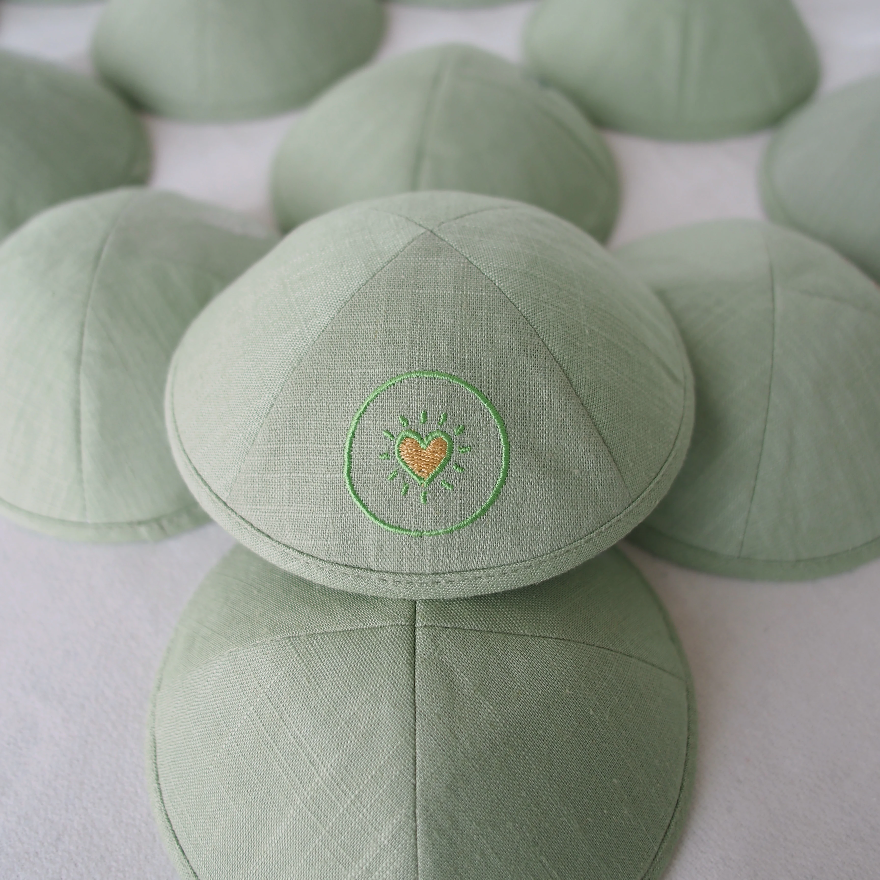 Light Green Custom ♥ Embroidered Linen Kippa Jewish Ahava Wedding and BarBat Mitzvah Custom Kippot Jewish Gift Yarmulke (1)