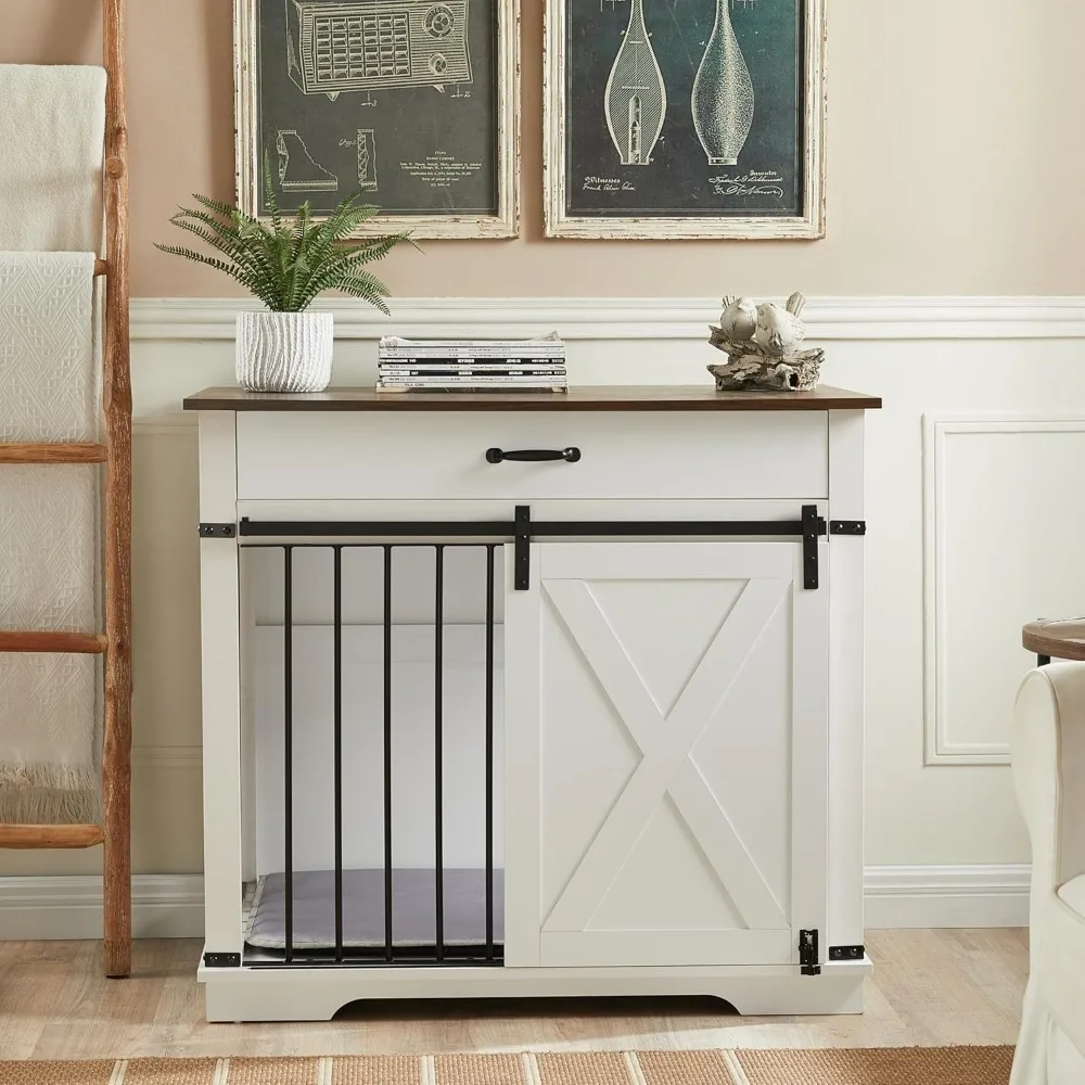 

Masterpiece 37.8" Dog Crate Furniture - Indoor Wooden Dog Kennel Furniture With Sliding Barn Door And Storage Drawer, White